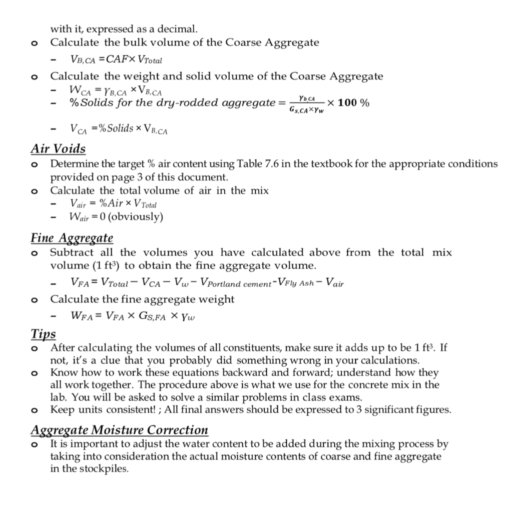 1) Perform a concrete mix design calculation using