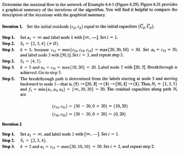 Determine the maximal flow in the network of Example 6.4-1 (Figure 6.29). Figure \( 6.31 \) provides a graphical summary of t