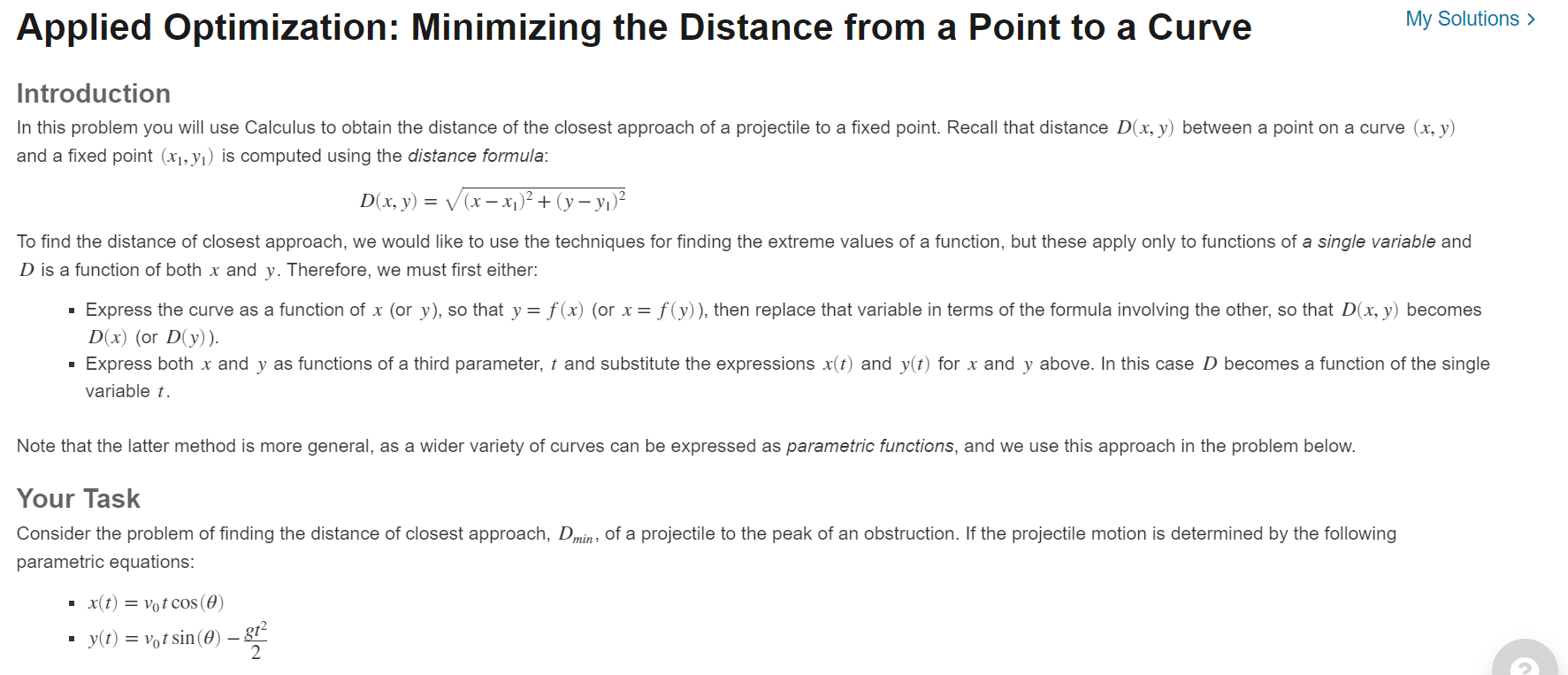 Solved Applied Optimization: Minimizing the Distance from a