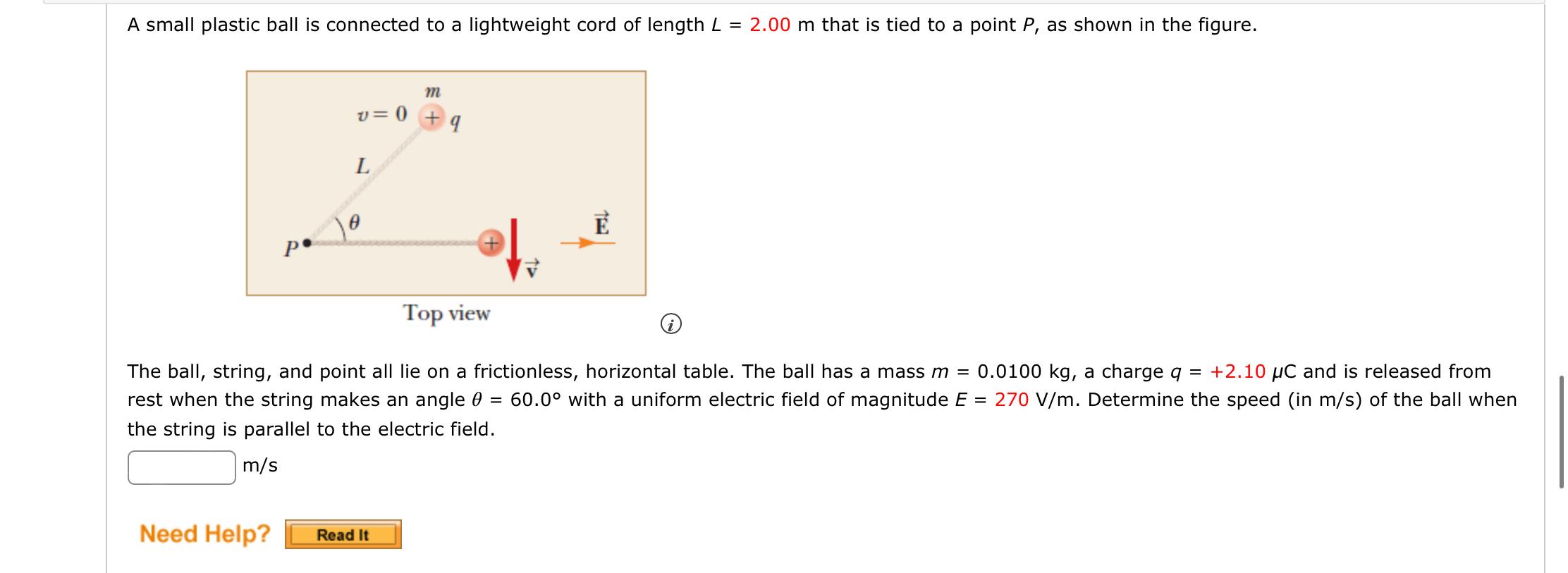 A small plastic ball is connected to a lightweight cord of length \( L=2.00 \mathrm{~m} \) that is tied to a point \( P \), a