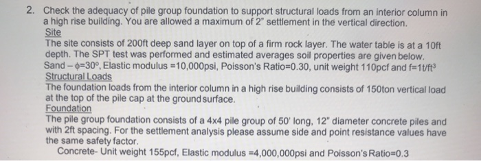 Solved 2. Check the adequacy of pile group foundation to | Chegg.com