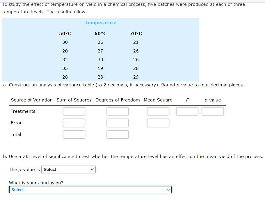 Solved To study the effect of temperature on yield in a | Chegg.com