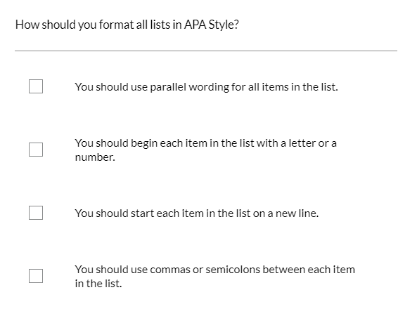 Solved How should you format all lists in APA Style?You | Chegg.com