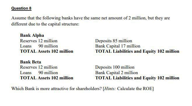 Solved Question 8 Assume That The Following Banks Have The | Chegg.com