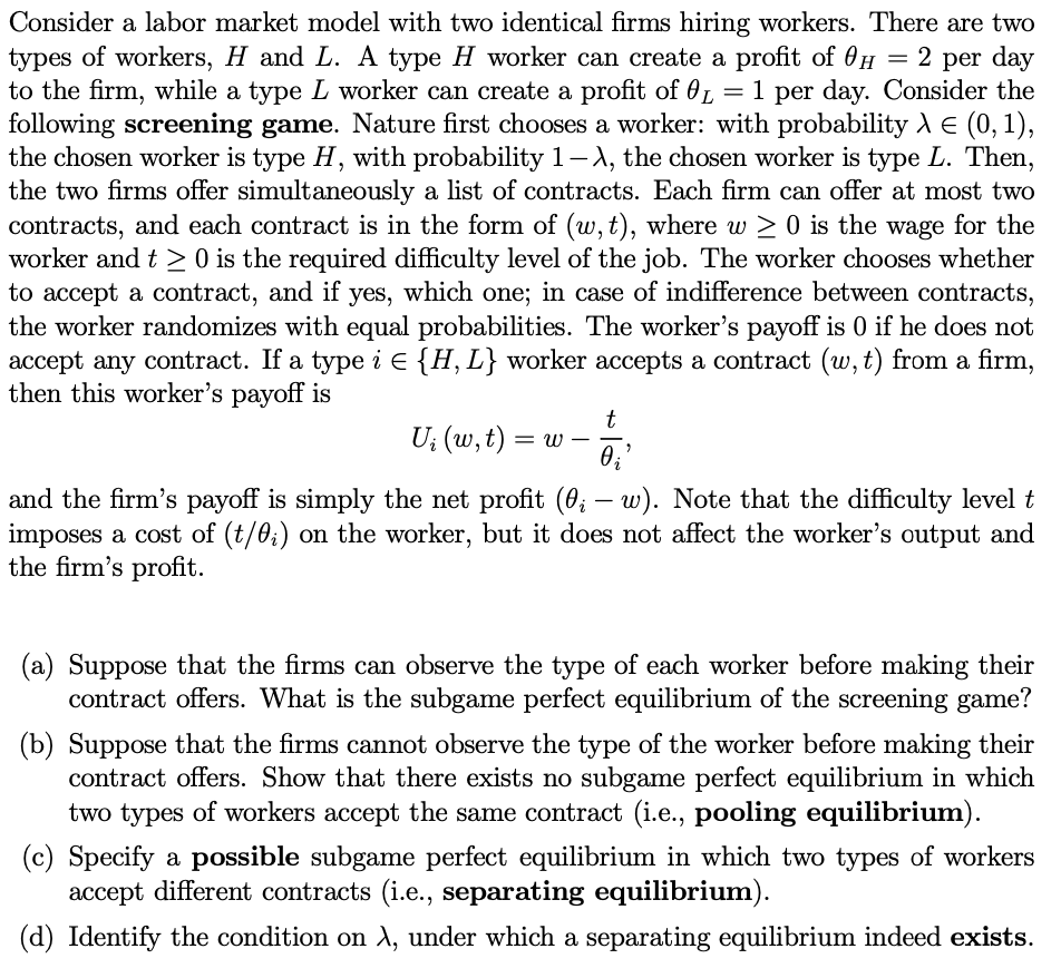 Solved Consider A Labor Market Model With Two Identical | Chegg.com