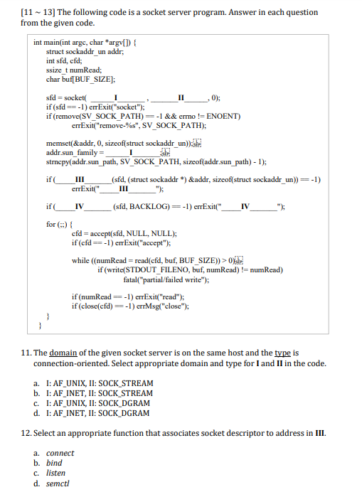 Solved [11 - 13] The following code is a socket server | Chegg.com