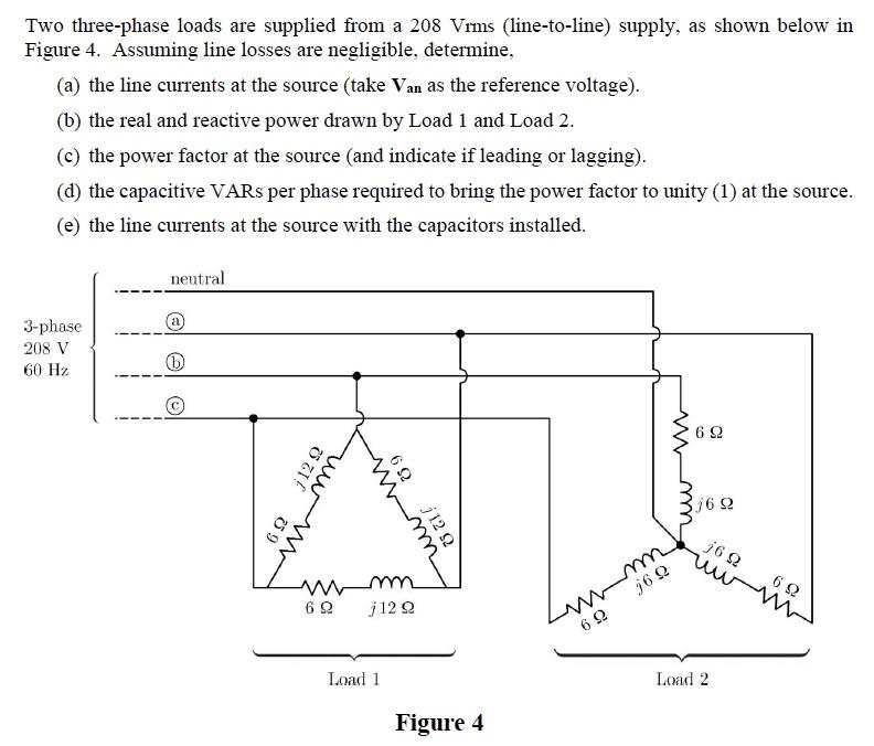 Solved Two three-phase loads are supplied from a 208 Vims | Chegg.com