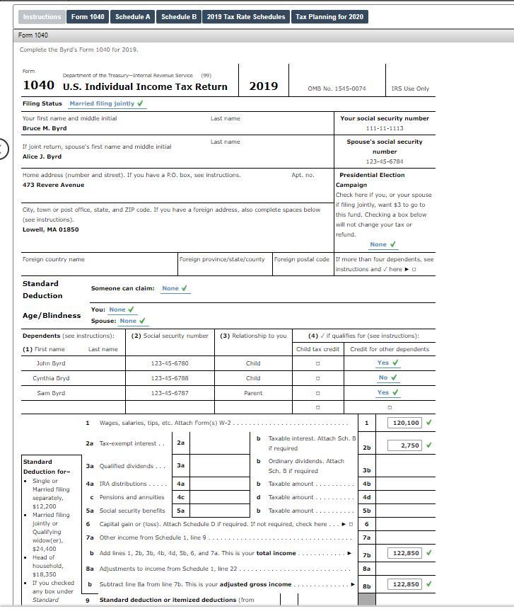 Solved I need help on the 1040 Tax form for the 2019 | Chegg.com