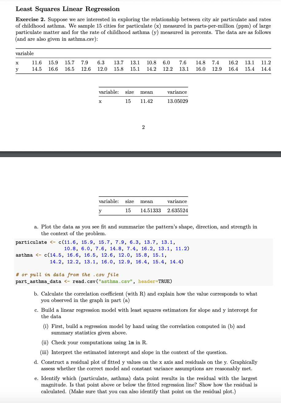Least Squares Linear Regression Exercise 2. Suppose | Chegg.com
