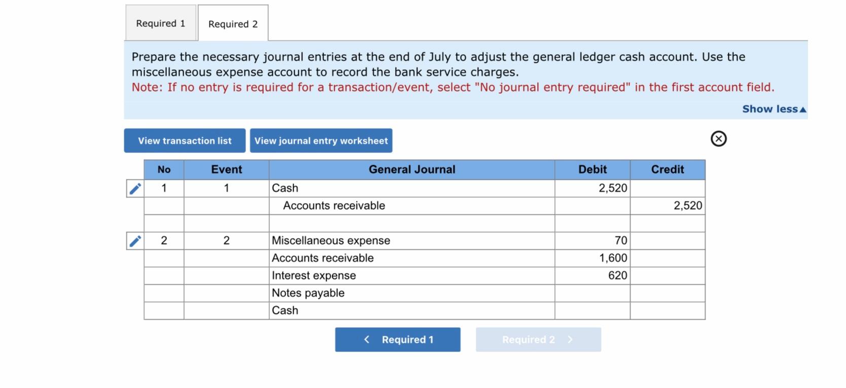 Prepare the necessary journal entries at the end of July to adjust the general ledger cash account. Use the miscellaneous exp