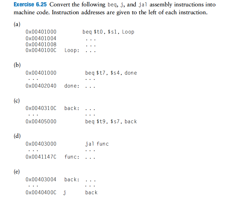 Solved Exercise 6.25 Convert the following beq, j, and ja1 | Chegg.com