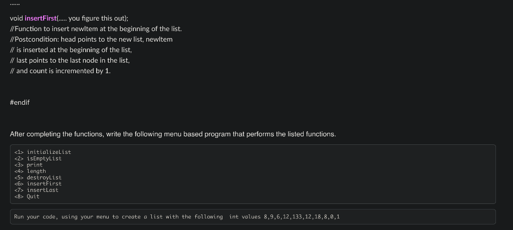 Solved Complete the following functions for a linked list. | Chegg.com