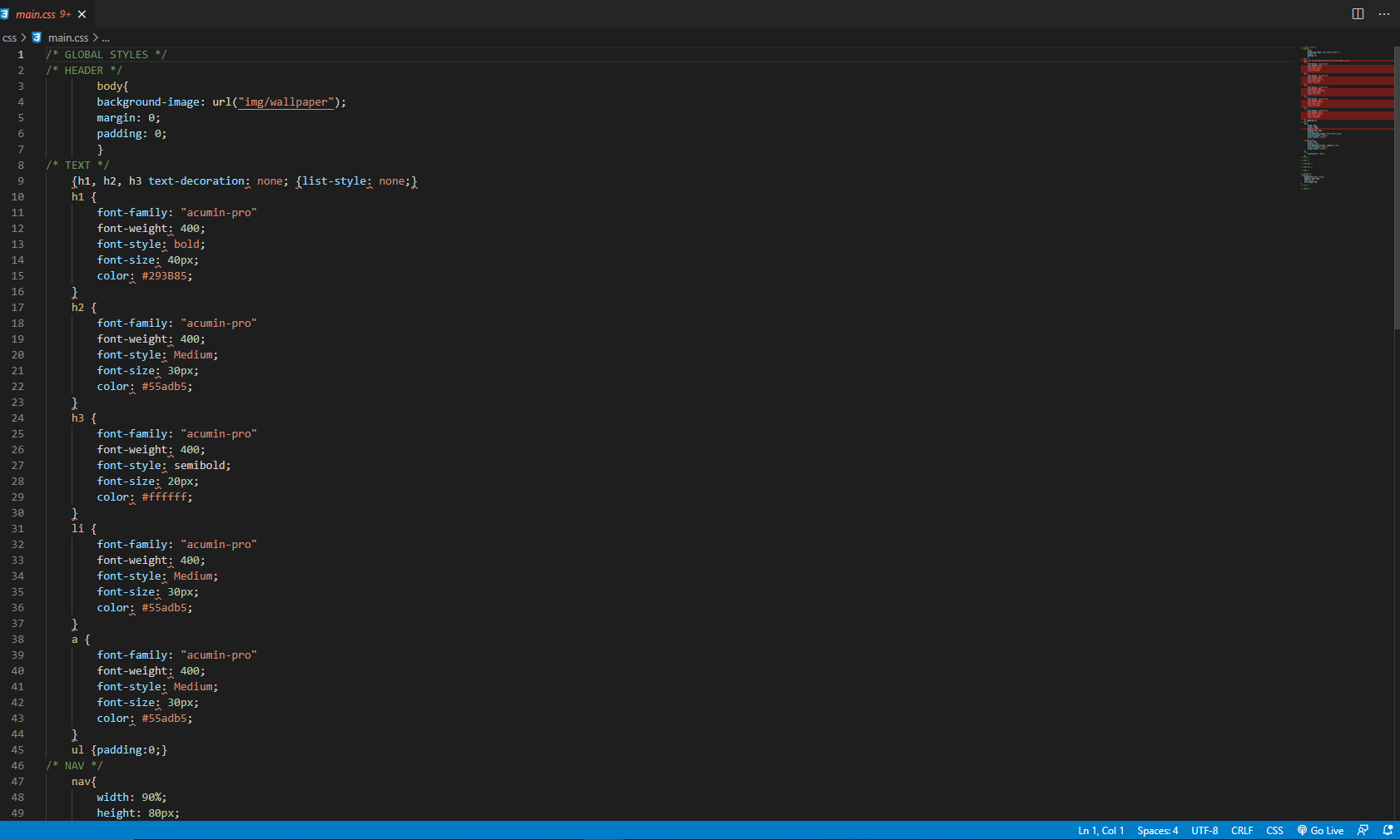 Solved 3 main.css 9+ x M 12 CSS > 3 main.css > ... 1 /* | Chegg.com