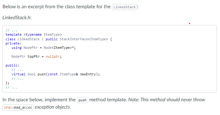 Solved Below is an excerpt from the class template for the | Chegg.com