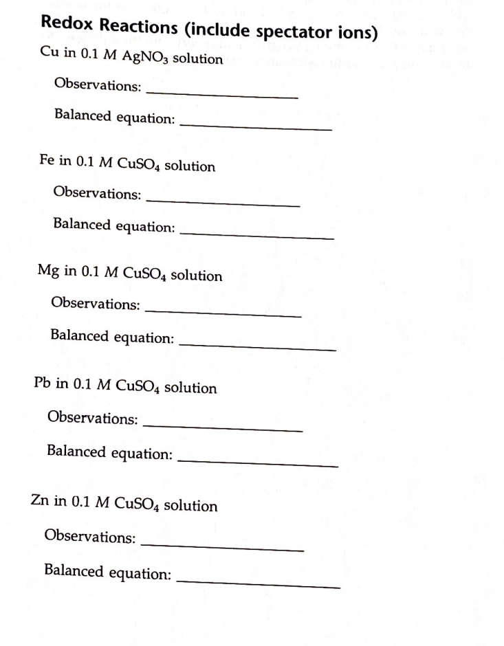 Solved Redox Reactions (include spectator ions) Cu in 0.1 M | Chegg.com