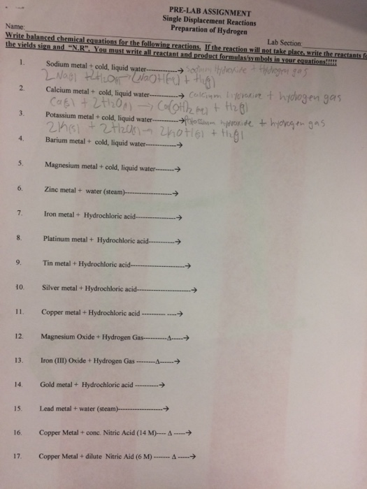 Solved PRE-LAB ASSIGNMENT Single Displacement Reactions | Chegg.com