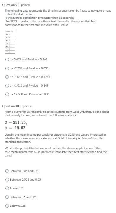 Solved Question 9 (3 points) The following data represents | Chegg.com