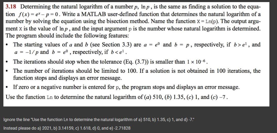 Solved . 3.18 Determining the natural logarithm of a number | Chegg.com