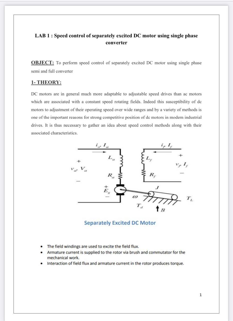Solved LAB 1 : Speed control of separately excited DC motor | Chegg.com