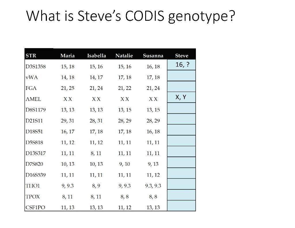Solved What is Steve's CODIS genotype? STR Maria Isabella | Chegg.com