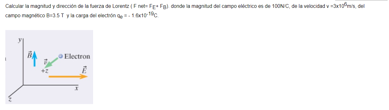 Calcular la magnitud y dirección de la fuerza de Lorentz \( \left(\mathrm{F}\right. \) net \( =\mathrm{F}_{\mathrm{E}^{+}} \m