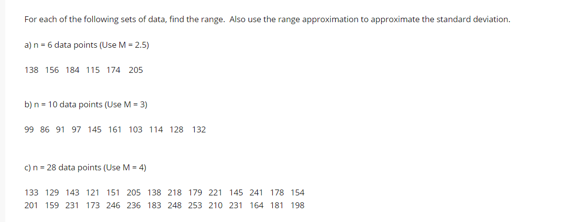 Solved For each of the following sets of data, find the | Chegg.com