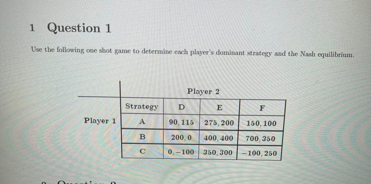 Solved 1 Question 1 Use the following one shot game to | Chegg.com