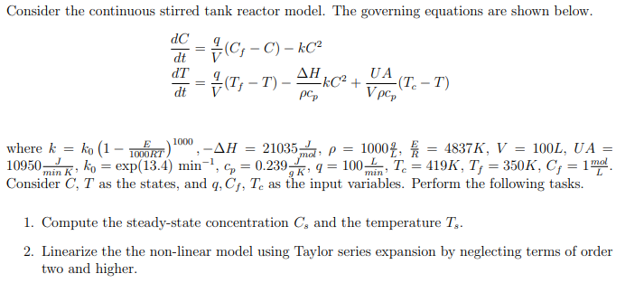 Solved Consider the continuous stirred tank reactor model. | Chegg.com