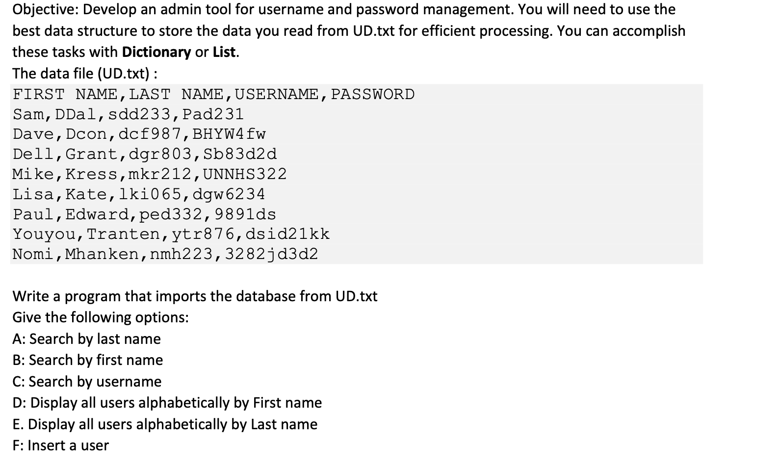 Solved Objective: Develop an admin tool for username and | Chegg.com image.