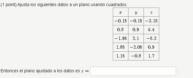 (1 point) Ajusta los siguientes datos a un plano usando cuadrados. Entonces el plano ajustado a los datos es \( z= \)