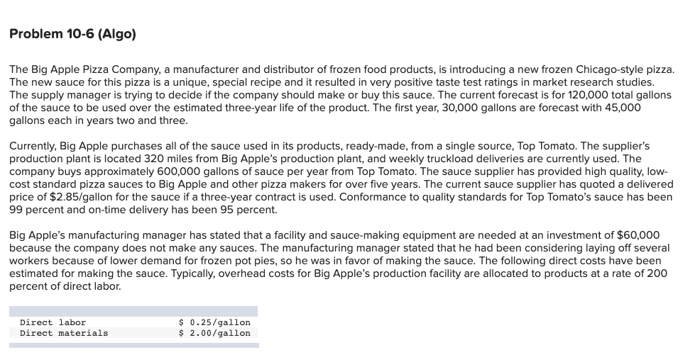 Solved Problem 10-6 (Algo) The Big Apple Pizza Company, a | Chegg.com