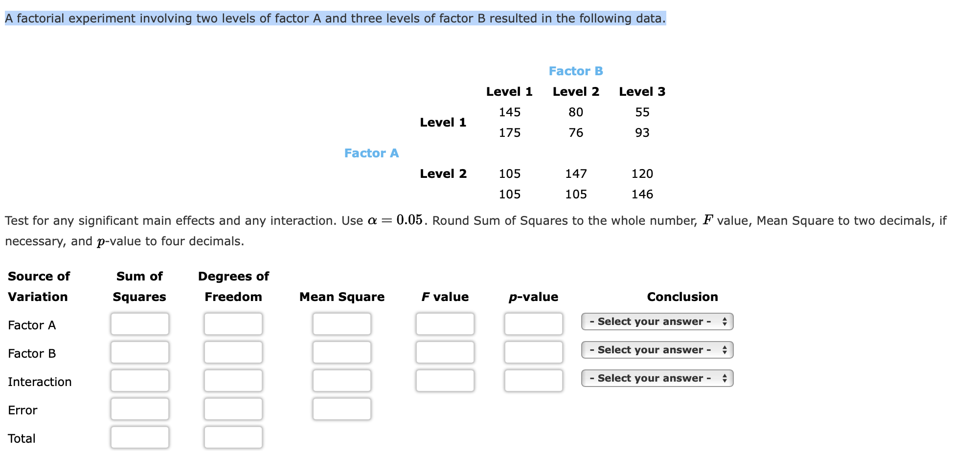 A factorial experiment involving two levels of factor | Chegg.com