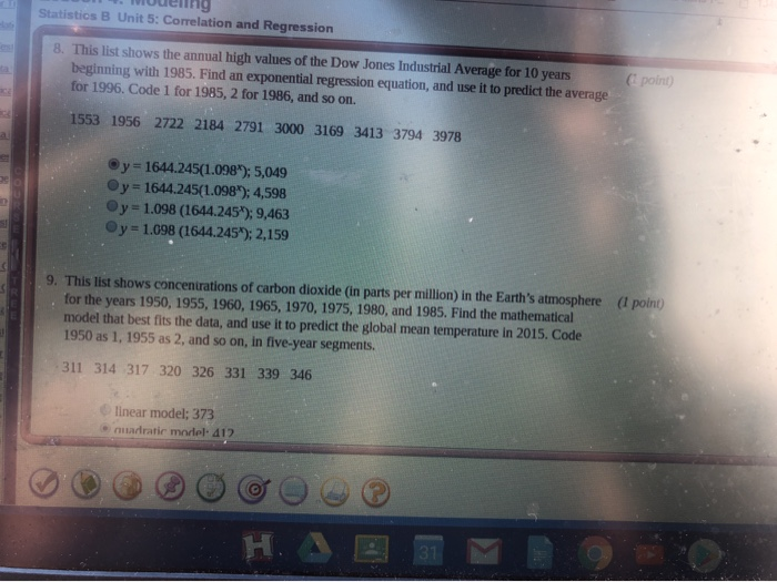 Solved Statistics B Unit 5: Correlation And Regression 8. | Chegg.com