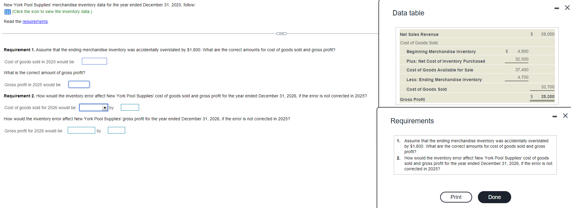 Solved New York Pool Supplies' merchandise inventory data