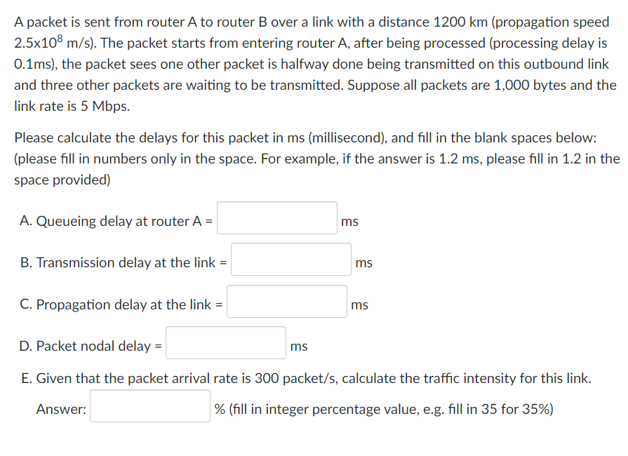 Solved A packet is sent from router A to router B over a | Chegg.com
