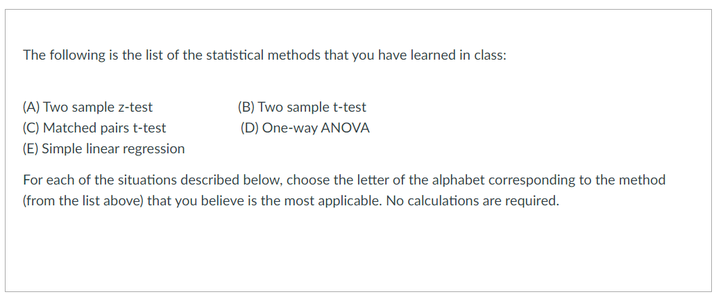 Solved The following is the list of the statistical methods | Chegg.com