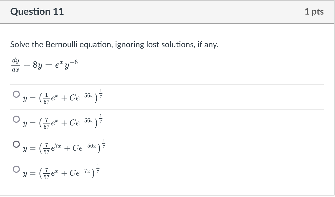 Solved Question 11 1 pts Solve the Bernoulli equation, | Chegg.com