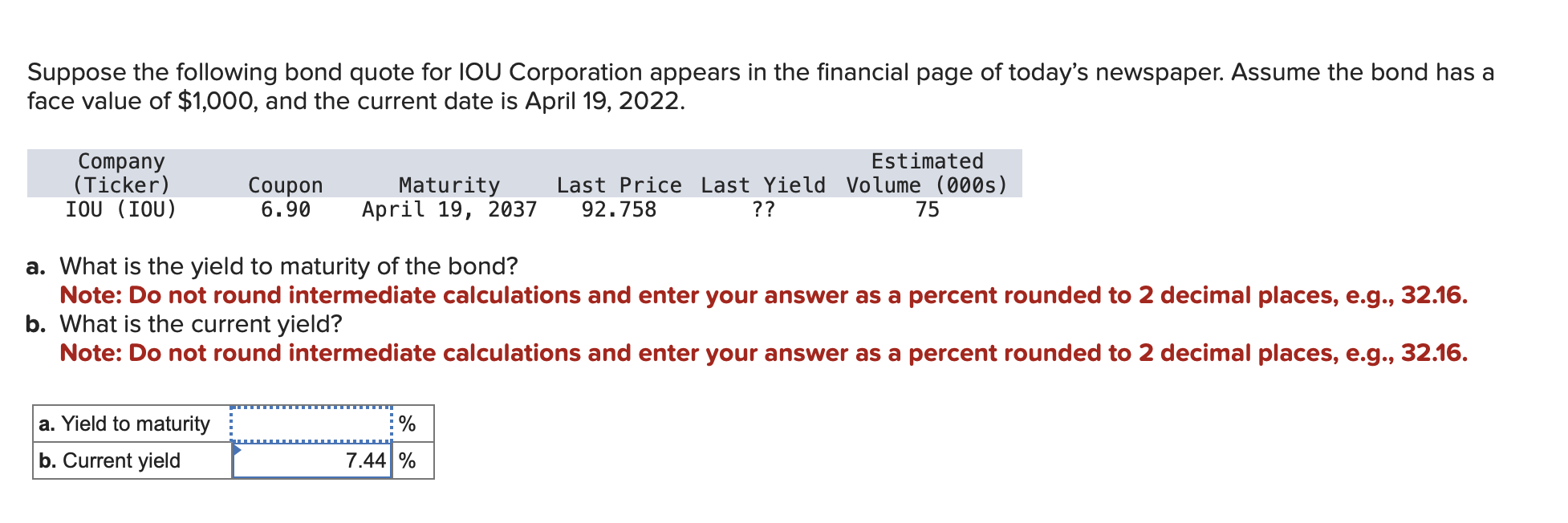 Solved Suppose the following bond quote for IOU Corporation