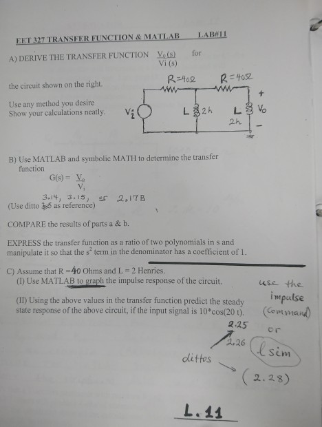 Solved LAB#11 EET 327 TRANSFER FUNCTION & MATLAB for V(S) Vi | Chegg.com