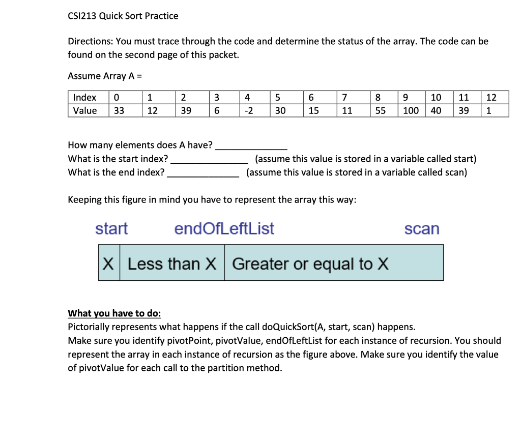 Solved CSI213 Quick Sort Practice Directions: You must trace | Chegg.com
