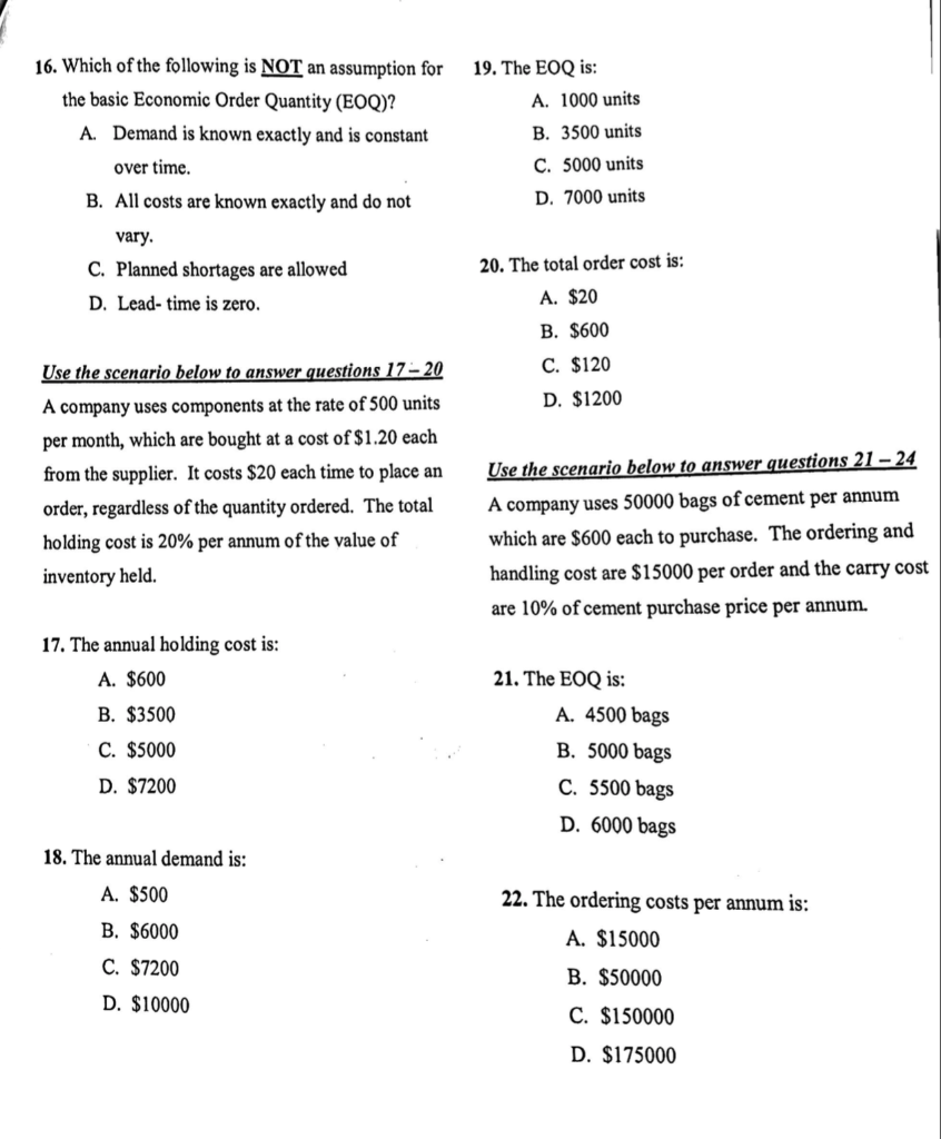 Solved INVENTORY CONTROL - EOQ, BOQ AND EBQ MULTIPLE | Chegg.com