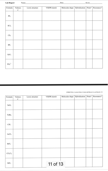 Solved Lab Report Formul Valence. T Lewis structure T VSEPR | Chegg.com