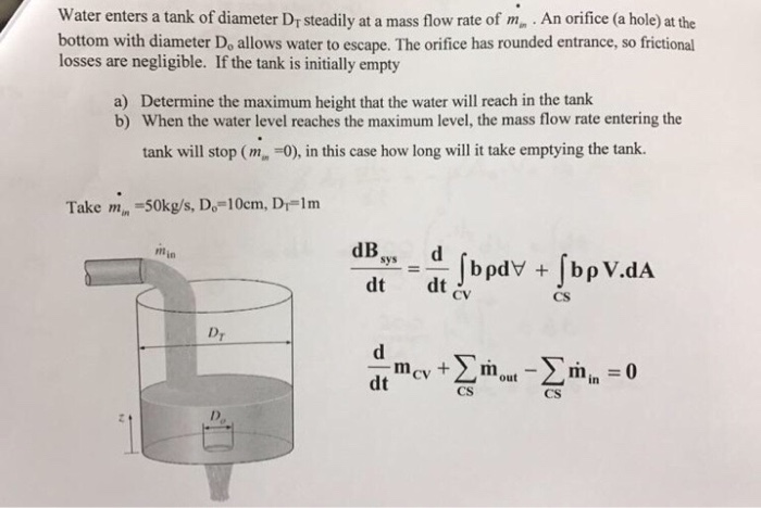 Solved Water enters a tank of diameter Dr steadily at a mass | Chegg.com