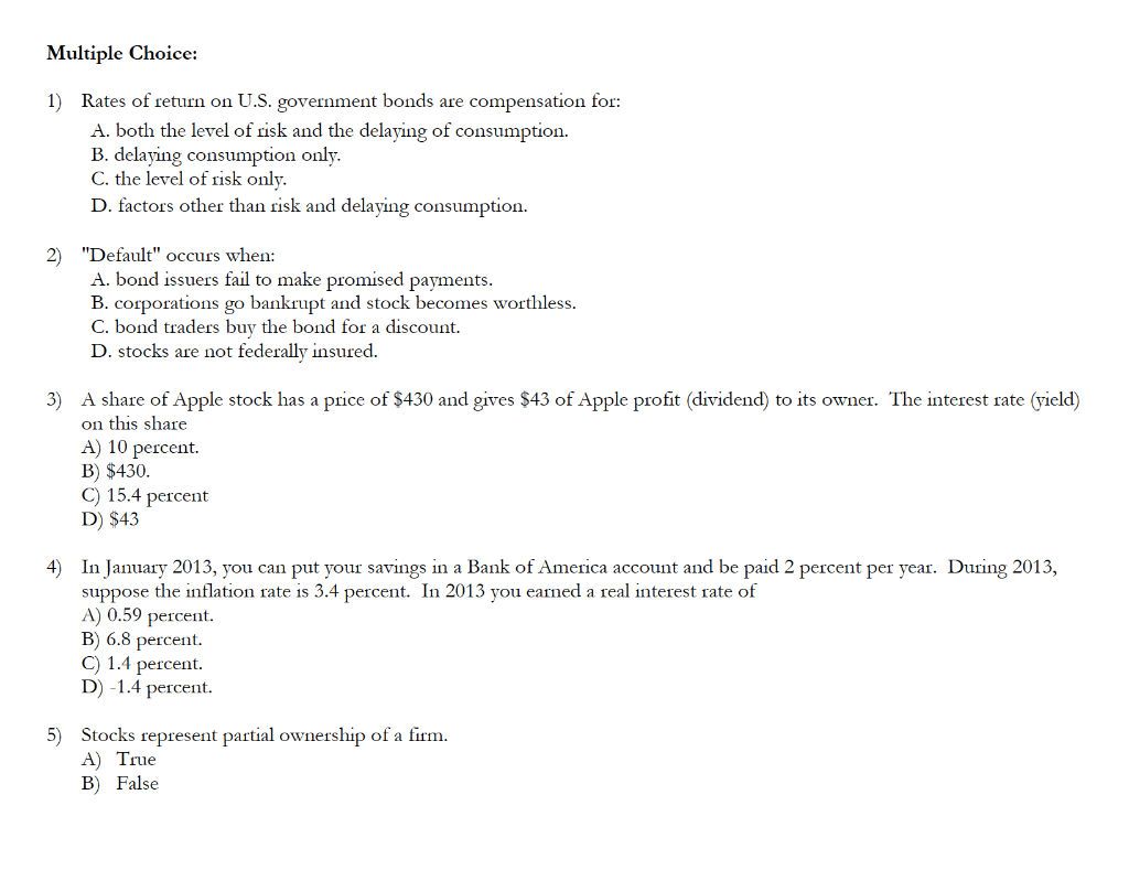 Solved Multiple Choice Rates of return on U.S. government