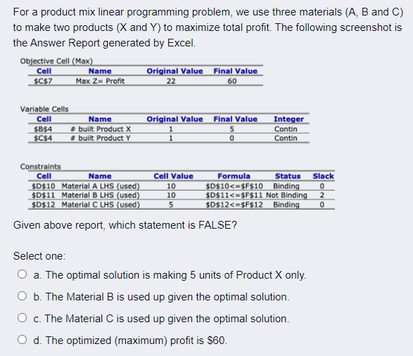 Solved For a product mix linear programming problem, we use | Chegg.com