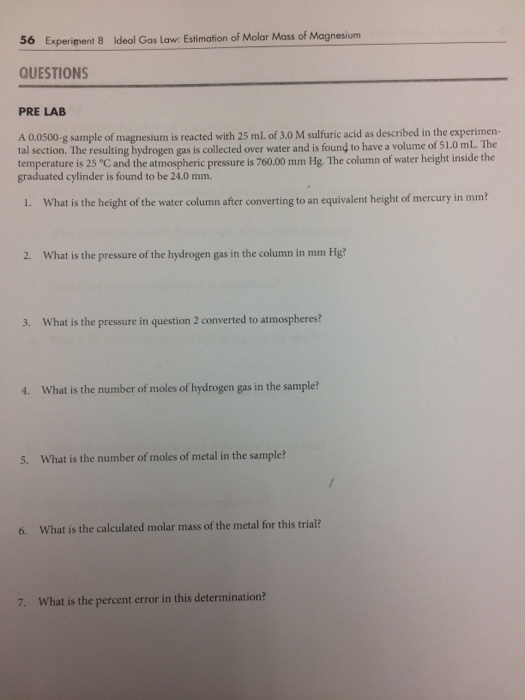 Solved 56 Experiment 8 Ideal Gas Law Est mation of Molar