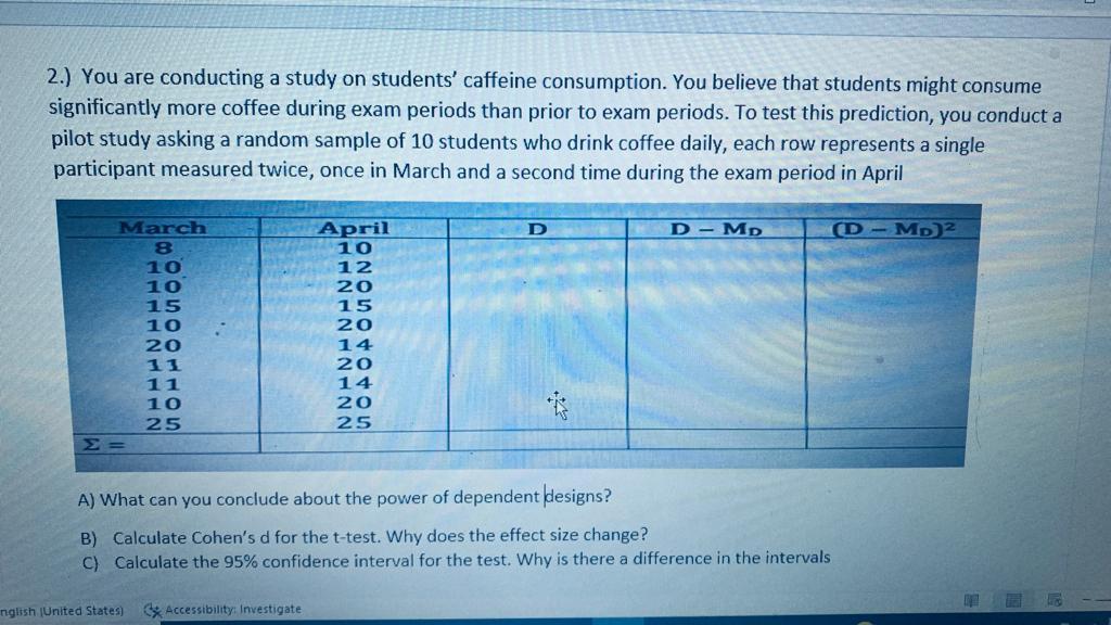 Solved 2.) You are conducting a study on students' caffeine | Chegg.com