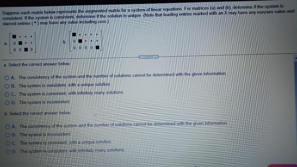 Solved Suppose each matrix below represents the augmented | Chegg.com