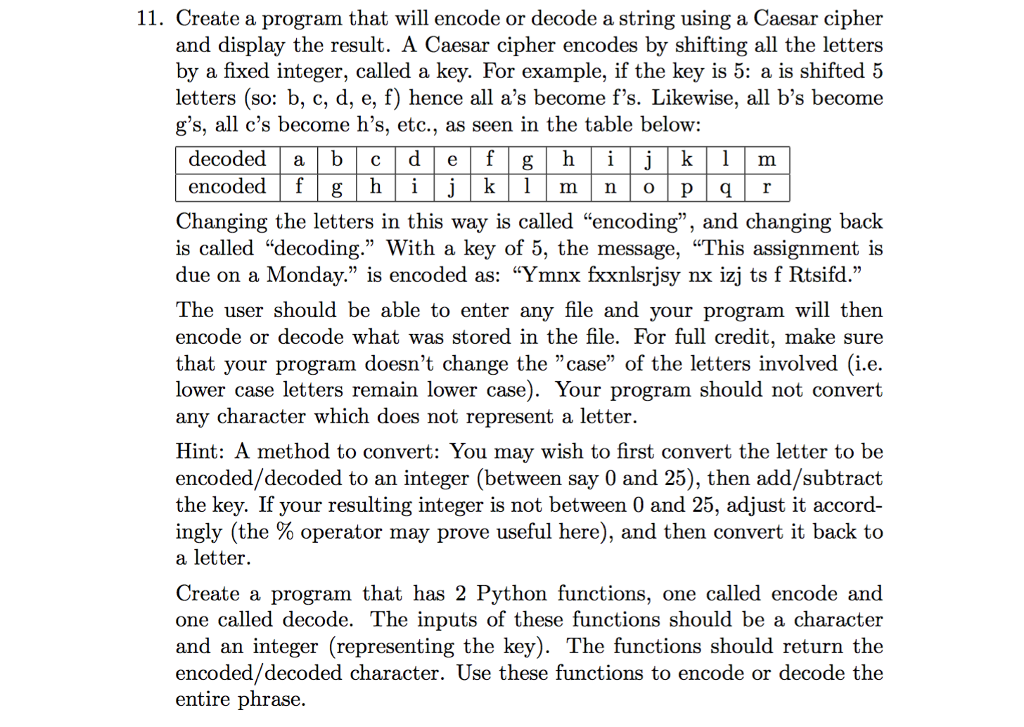 Solved 11. Create a program that will encode or decode a | Chegg.com