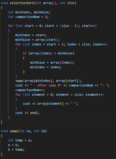 Solved id selectionSort(int array[], int size) int minIndex, | Chegg.com